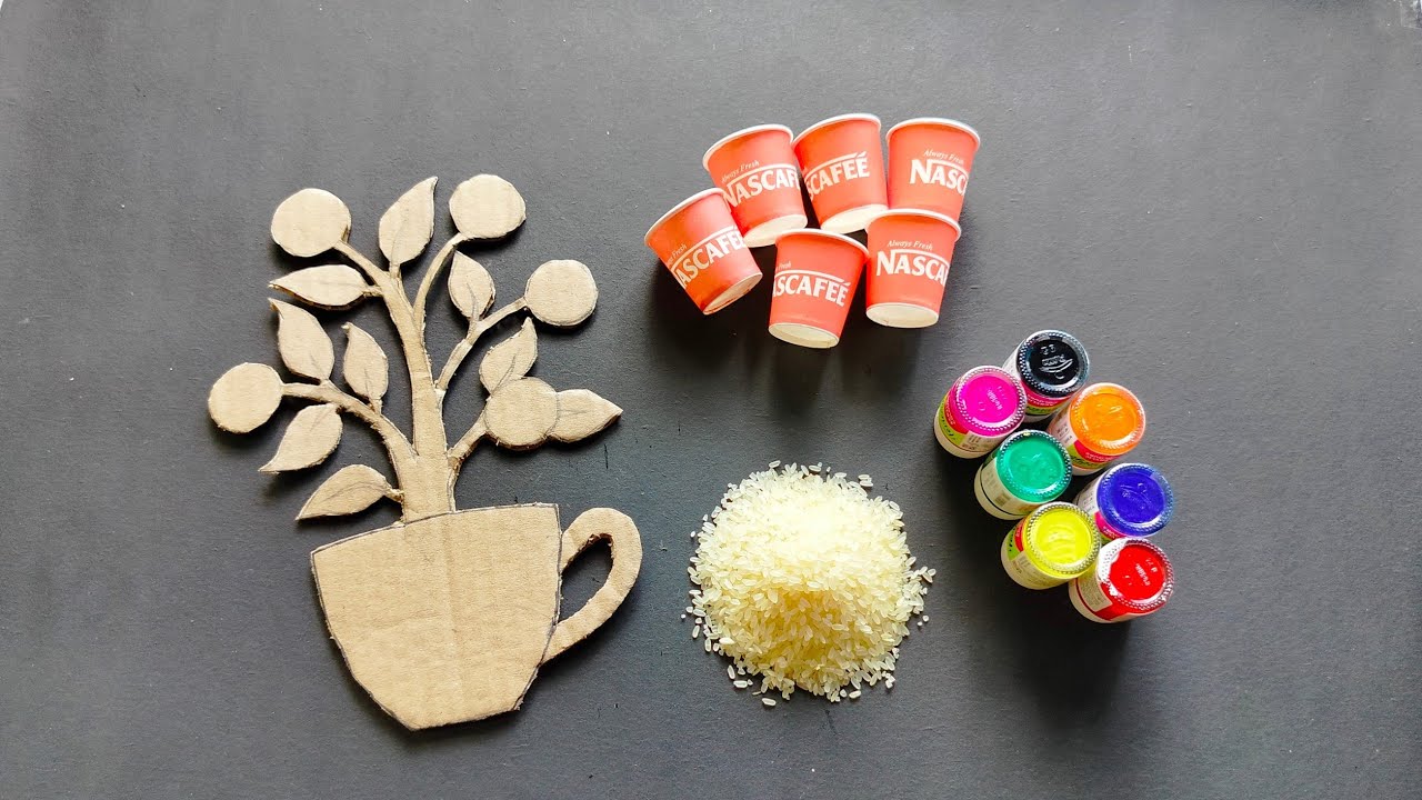 Waste cardboard craft making with rice and paper cup||Easy wall hanging craft idea