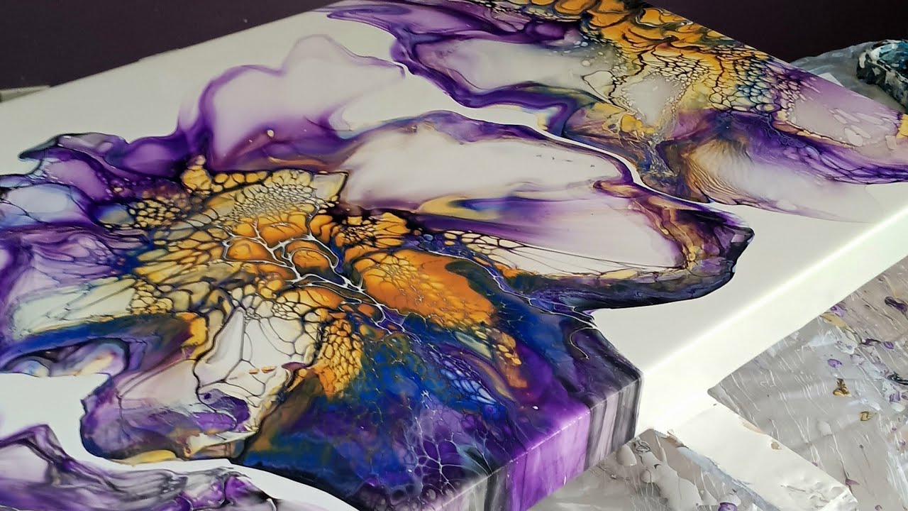 370 Triple blooms on a 16×30 canvas~Must see acrylicpour fluidpour blooms arttherapy 
