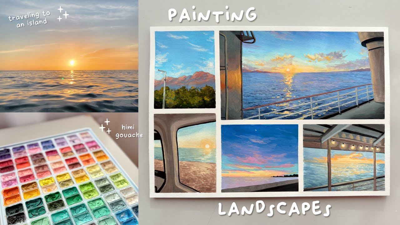 art vlog 🎨 painting landscapes using gouache 🏝️ traveling to an island, sharing my artist journey 🌅