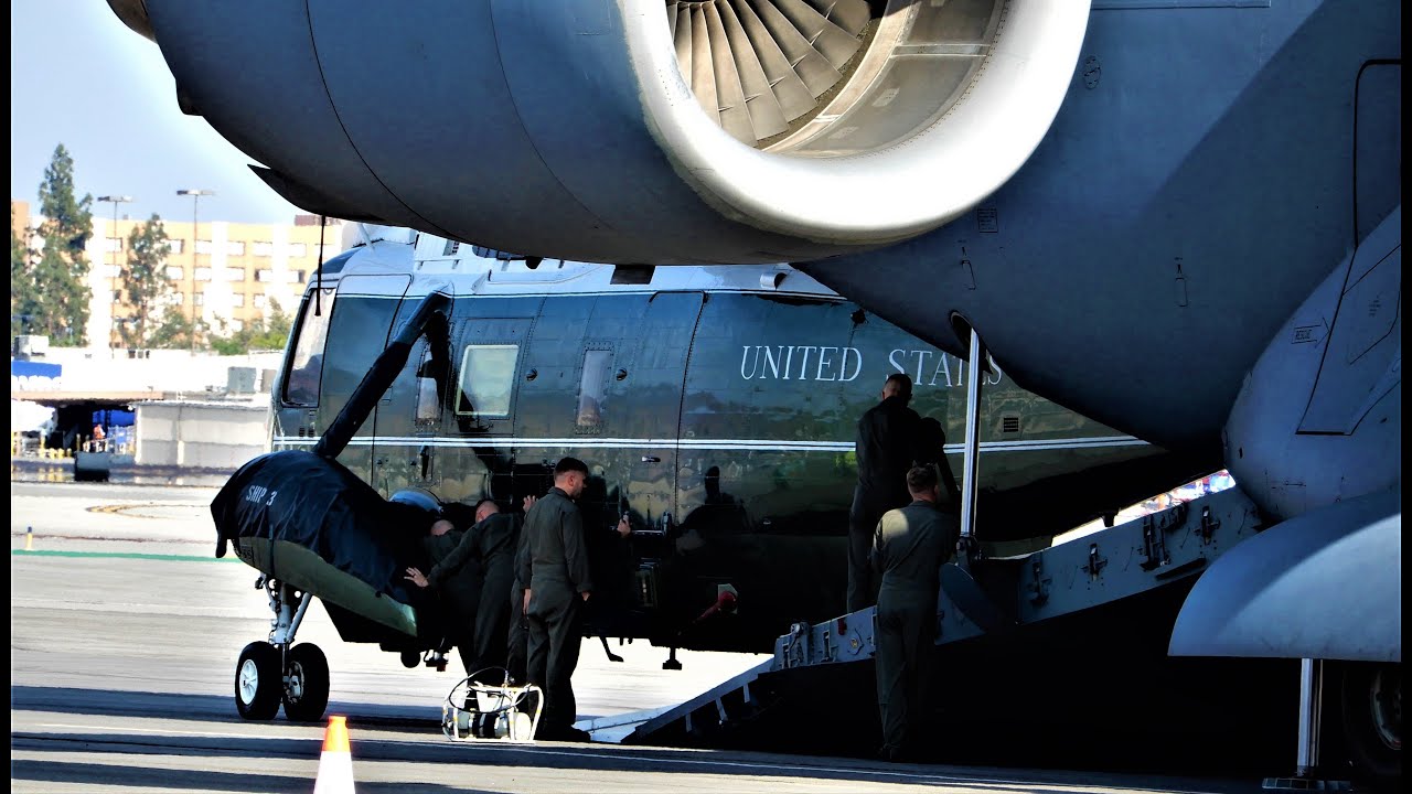 MARINE ONE Helicopter Unloaded from USAF C-17 Globemaster III The Summit of the Americas