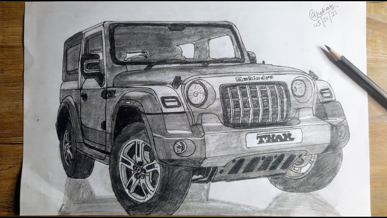 New Mahindra Thar Pencil Sketch🚗