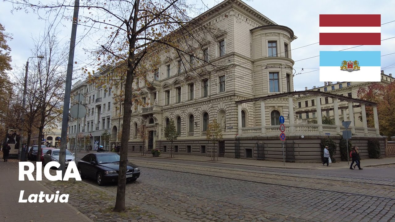 Riga, Latvia. Walk in the city: Krišjāņa Barona and Elizabetes streets. 4K
