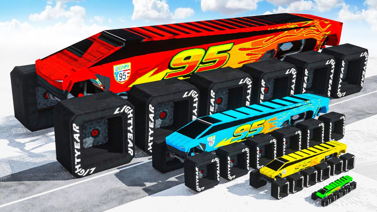 Big & Small Long Square Tesla Cybertruck McQueen vs Cars in Teardown!