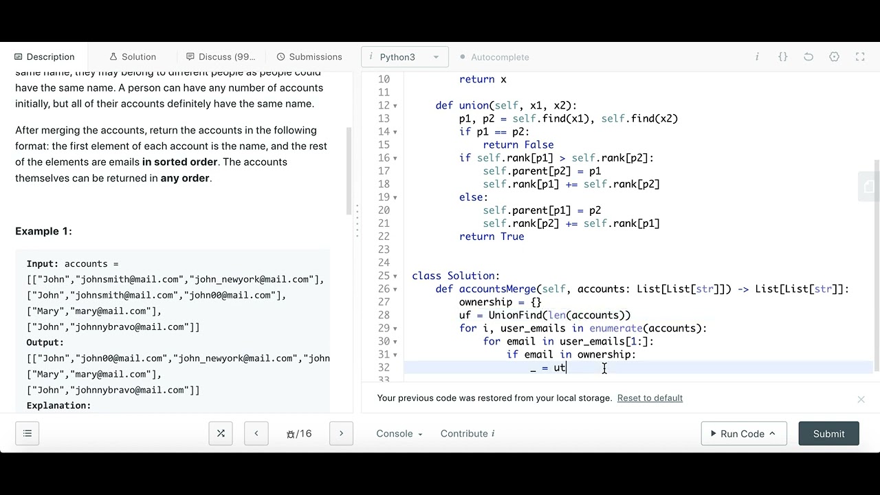 Accounts Merge - Leetcode 721 - Union Find - Python