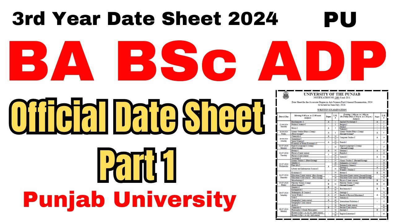 BA BSc ADP Part 1 Official Date Sheet 2024 PU | ADA ADS ADC Part 1 Date Sheet 2024 PU