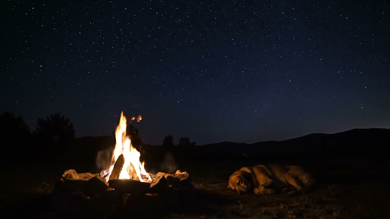 Sleeping Dog by Campfire Under the Stars 🔥🐕 | 10 Hours of Dark Night Ambience for Deep Sleep
