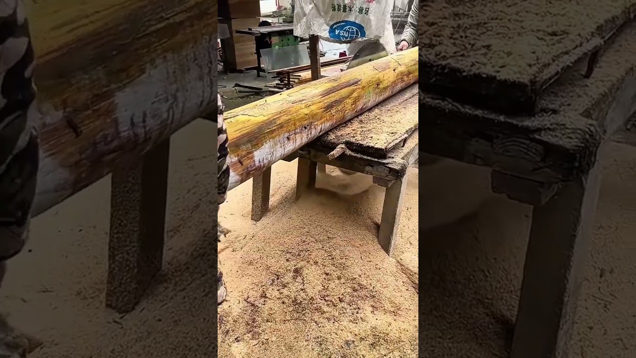 Cutting long wooden log using large circular saw on the table