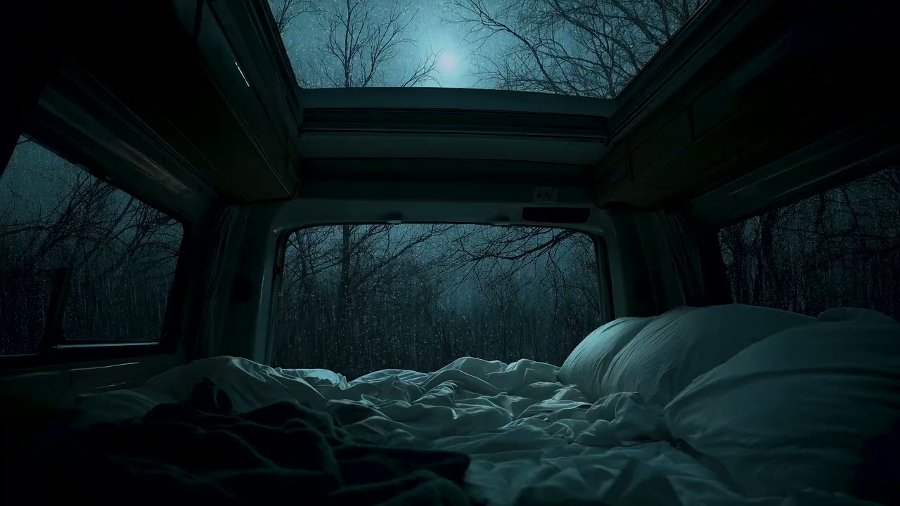 Heavy Forest Rain at Night Inside a Quiet Camper Van for Deep Sleep and Relaxing Rain Sounds