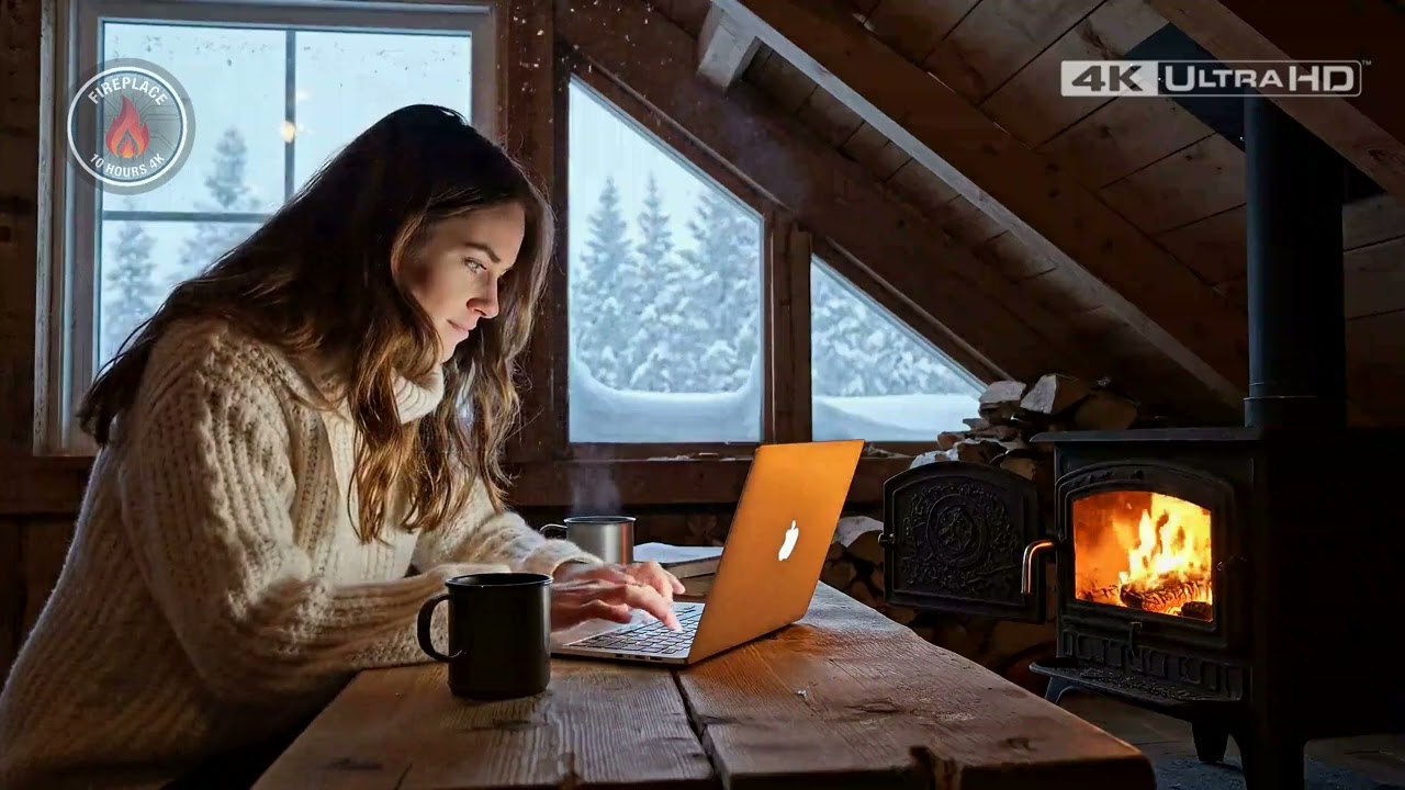 Cabin Fireplace Night 4K | Crackling Fire 10 Hours & Heavy Snowfall for Relaxation