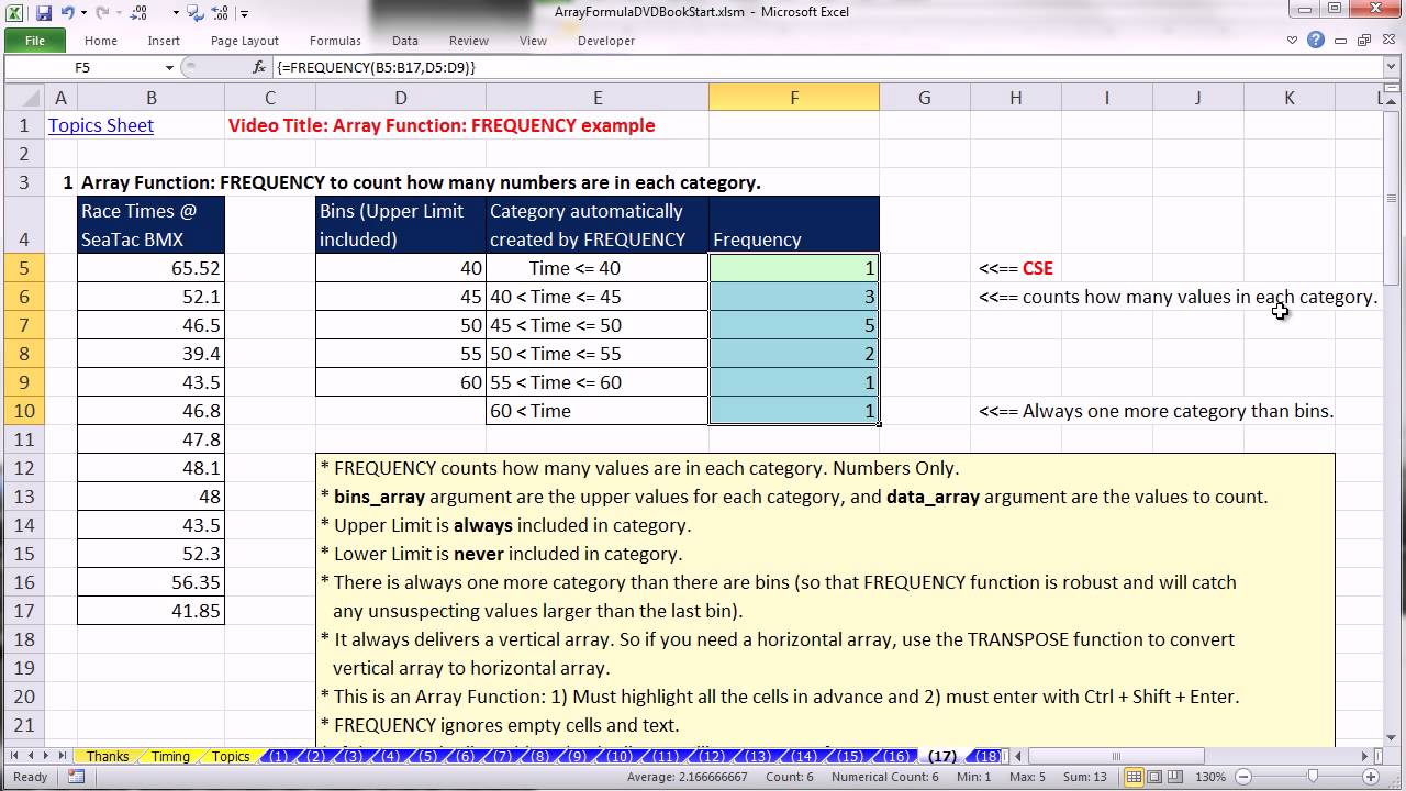 Ctrl + Shift + Enter: Excel Array Formulas 17: FREQUENCY Array Function Basics