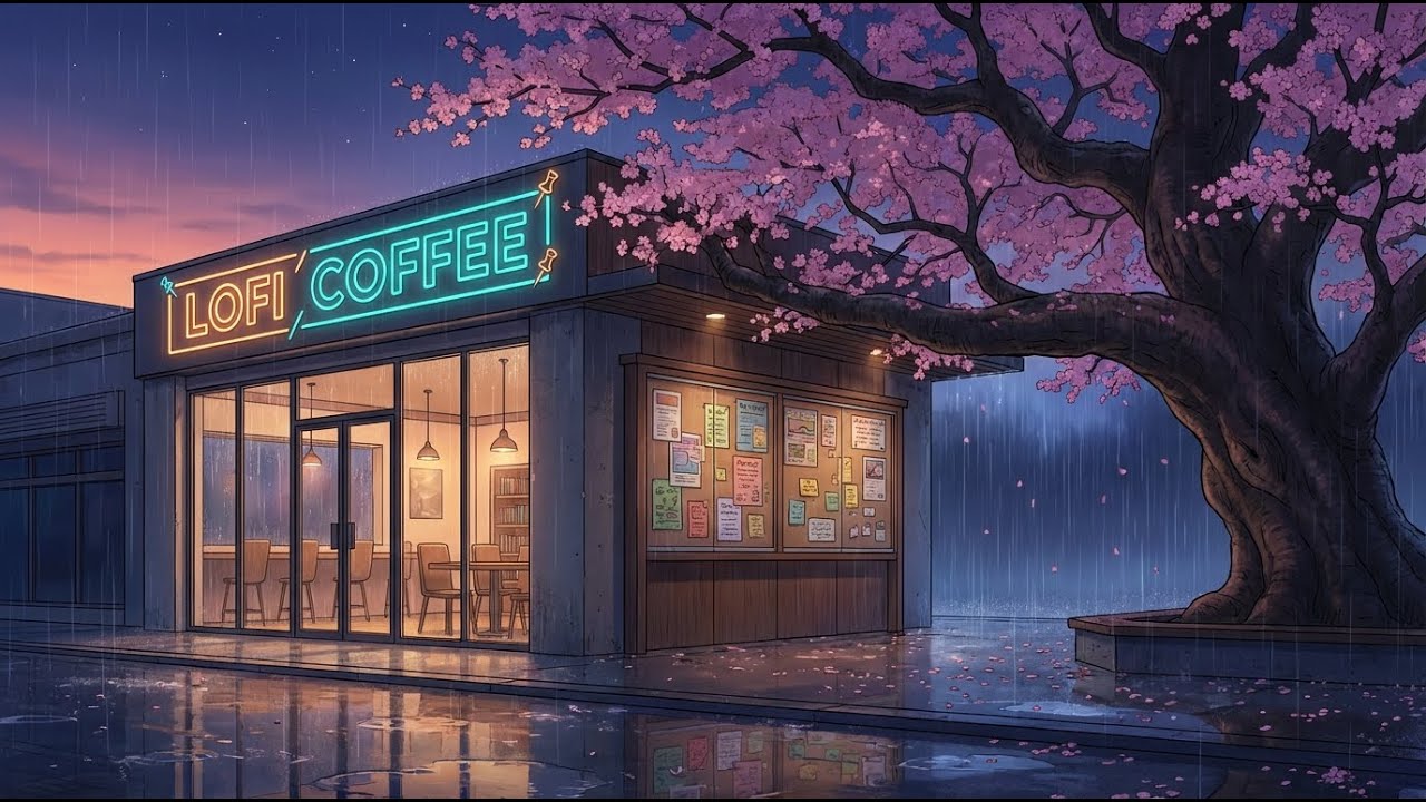 🌧️ Rain Lofi Study Music for Deep Focus ☕🌸 Neon Sakura Community Board Coffee Corner