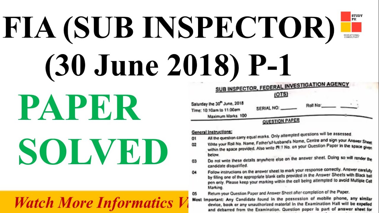 FIA sub inspector complete solved paper-fia (sub inspector) past paper-Fia SI past paper solved - P1