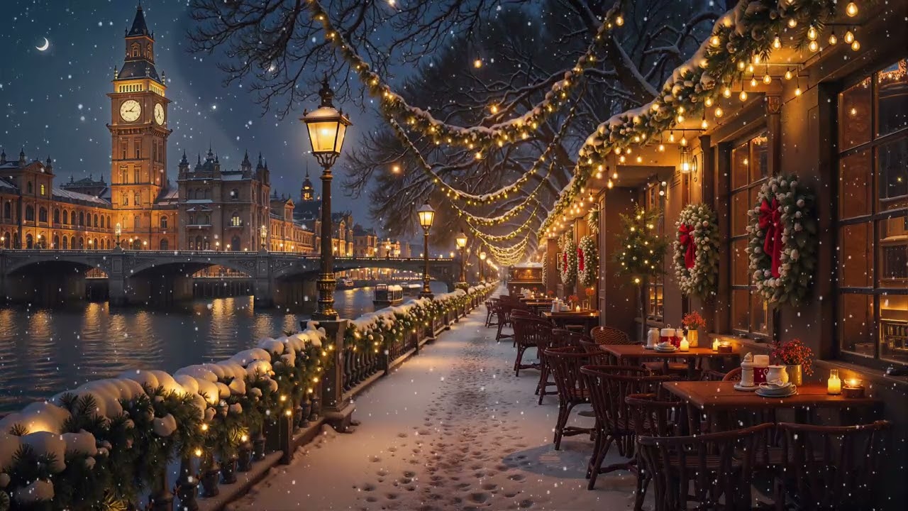 Night London Christmas Coffee Shop Ambience 🎄 Relaxing Jazz Piano Music for Study, Work & Calm