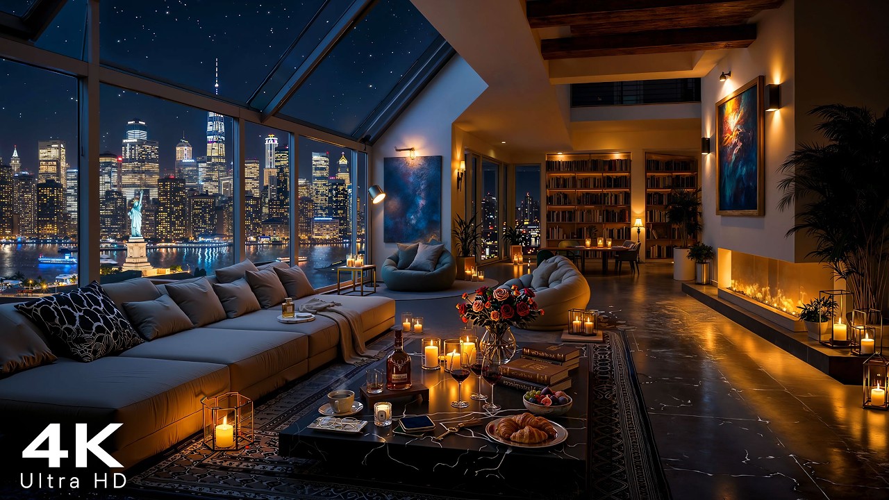 Relaxing Jazz with Peaceful New York Night ~ 4K Luxury Apartment Ambience for Sleep, Chill, Calm