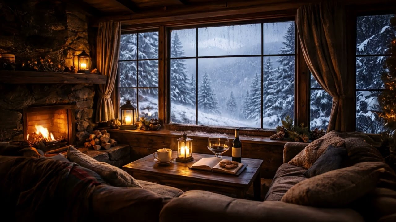 Ambient Room | Cozy Winter Cabin During Snowstorm | Fireplace & Snow Ambience