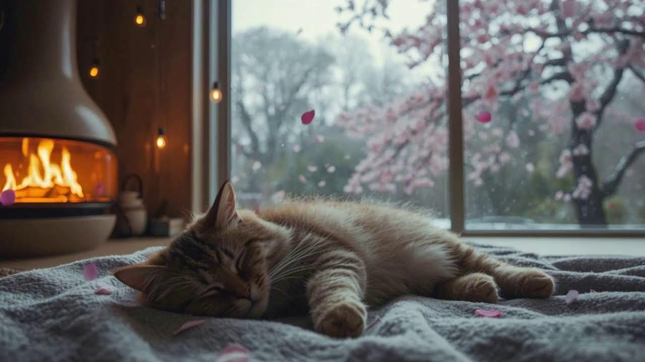 Cozy Cat Music 🐱🔥 Warm Fireplace & Spring Night Piano for Deep Sleep