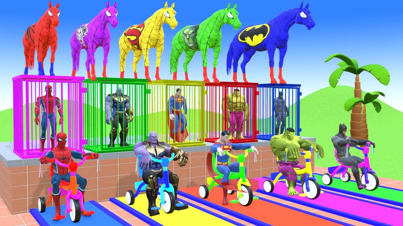 Red Spiderman Horse Crossing On Shark Bridge Spiders With Rainbow Horses Rescue Baby Animals Game