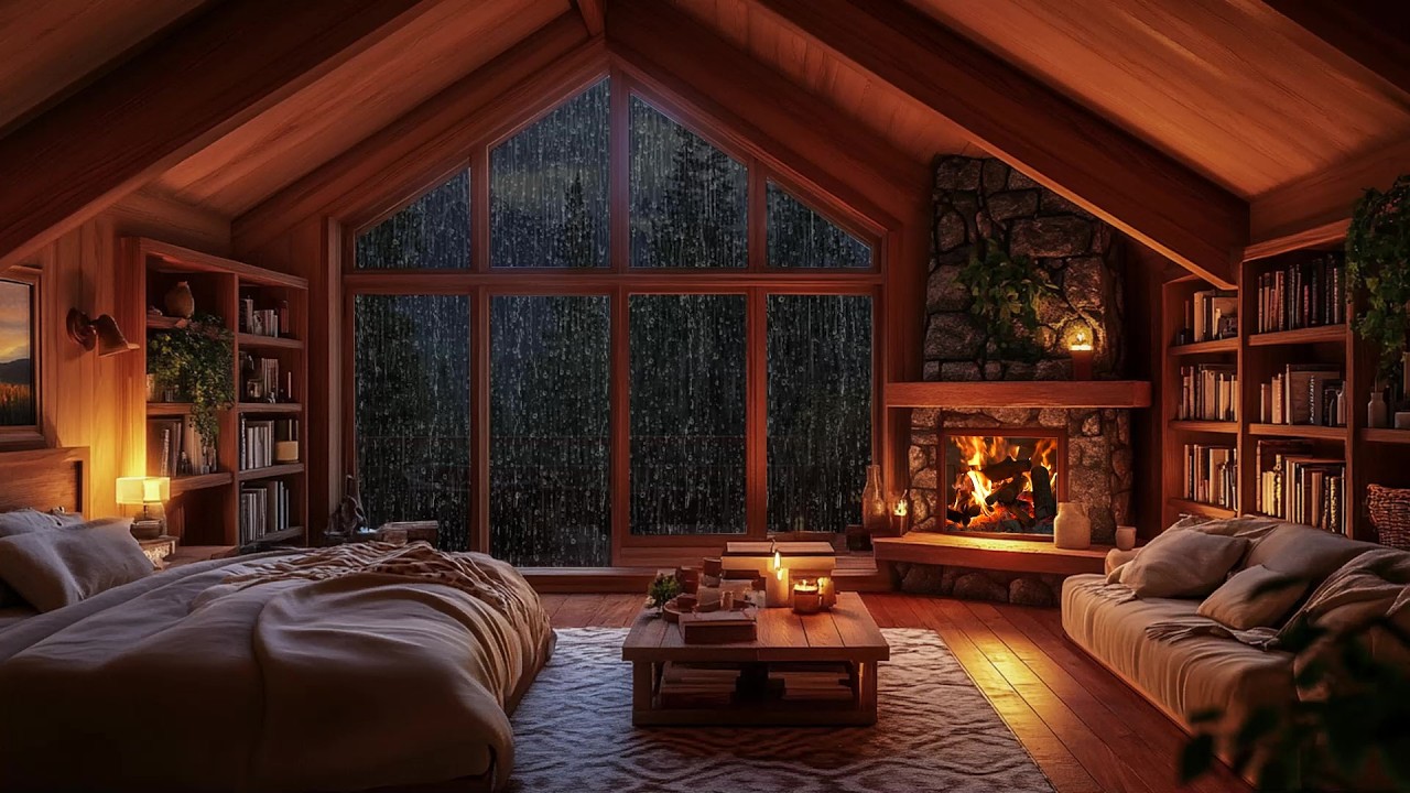 🌄 Night Rain Whispering Outside a Cozy Mountain Cabin Bedroom | Gentle Window Raindrops | Deep Sleep