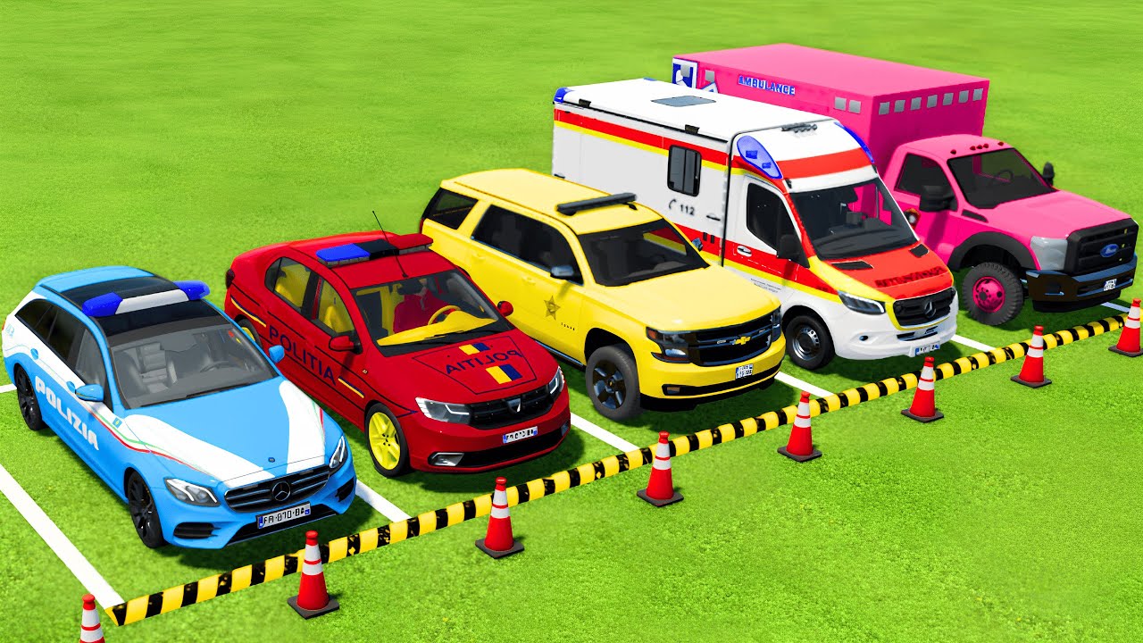 TRANSPORTING ALL POLICE CARS and AMBULANCE EMERGENCY VEHICLES WITH TRUCKS ! Farming Simulator 22