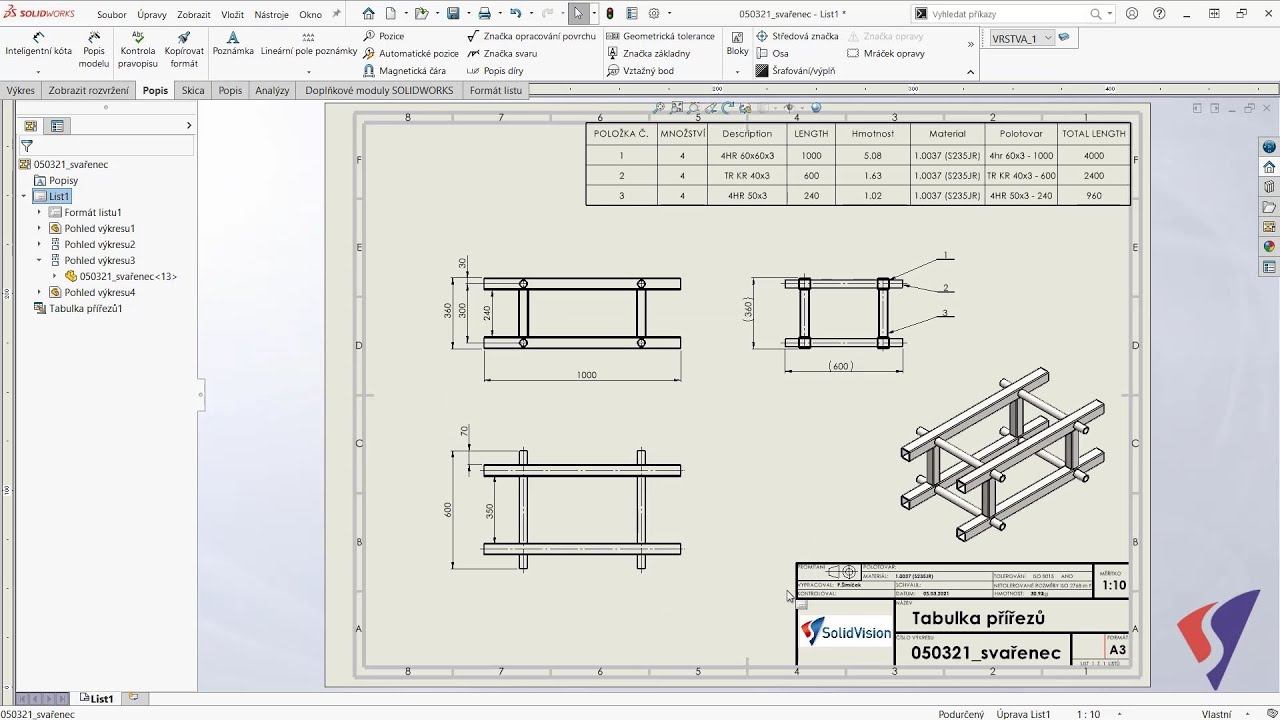 Přenesení vlastnosti tabulky přířezů do výkresu - SOLIDWORKS tipy česky - cz / sk