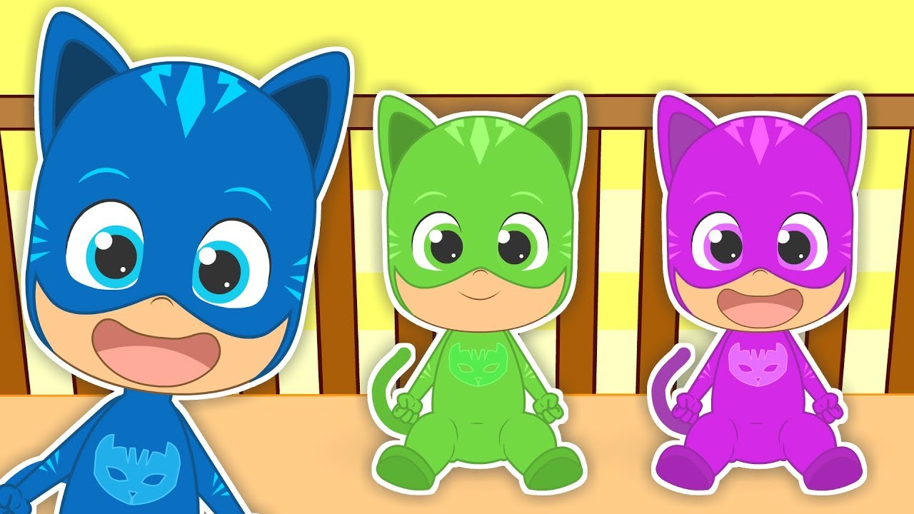 CINCO BEBÉS con Gatuno de Colores | Canciones infantiles con PJ Masks| Aprender Cantando y Bailando