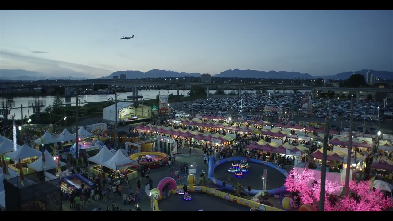 Wide shot of Richmond Night Market at dusk.