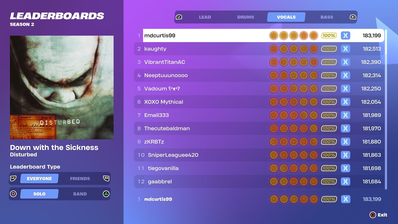 [Fortnite Festival S2] Down with the Sickness Expert Vocals 100% FC World Record