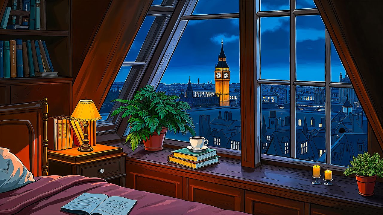 1940s cozy attic on a rainy night with oldies playing in another room for unwind, relax