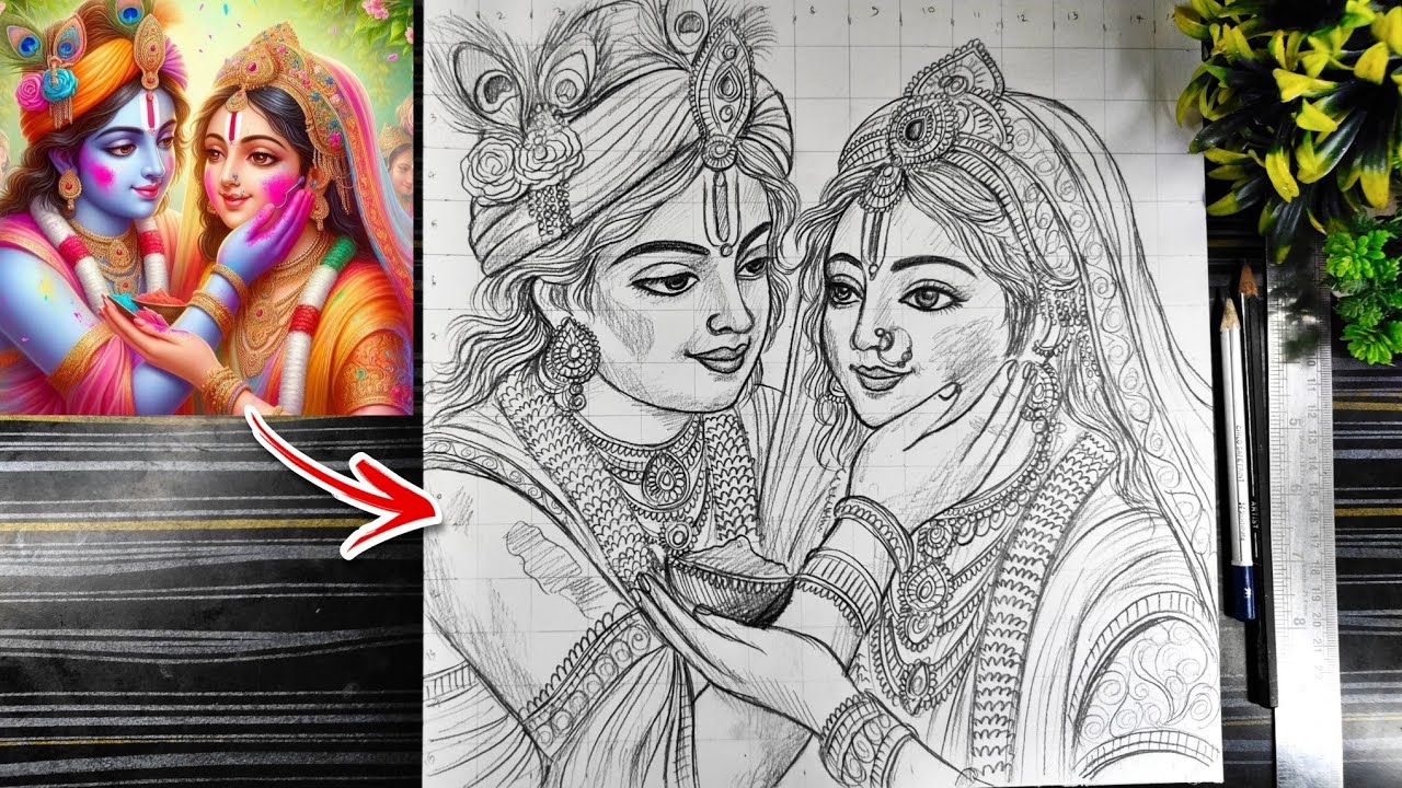 Radha Krishna playing Holi Drawing❤️‍🩹, Holi Special Drawing Outline, Radha Krishna Holi drawing