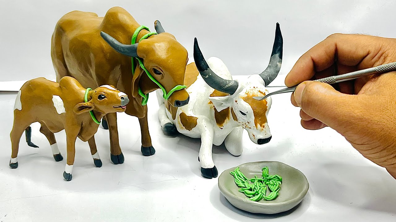 Sculpting clay: How to make  Cow and Family with clay very easy way ,Clay Animals Art