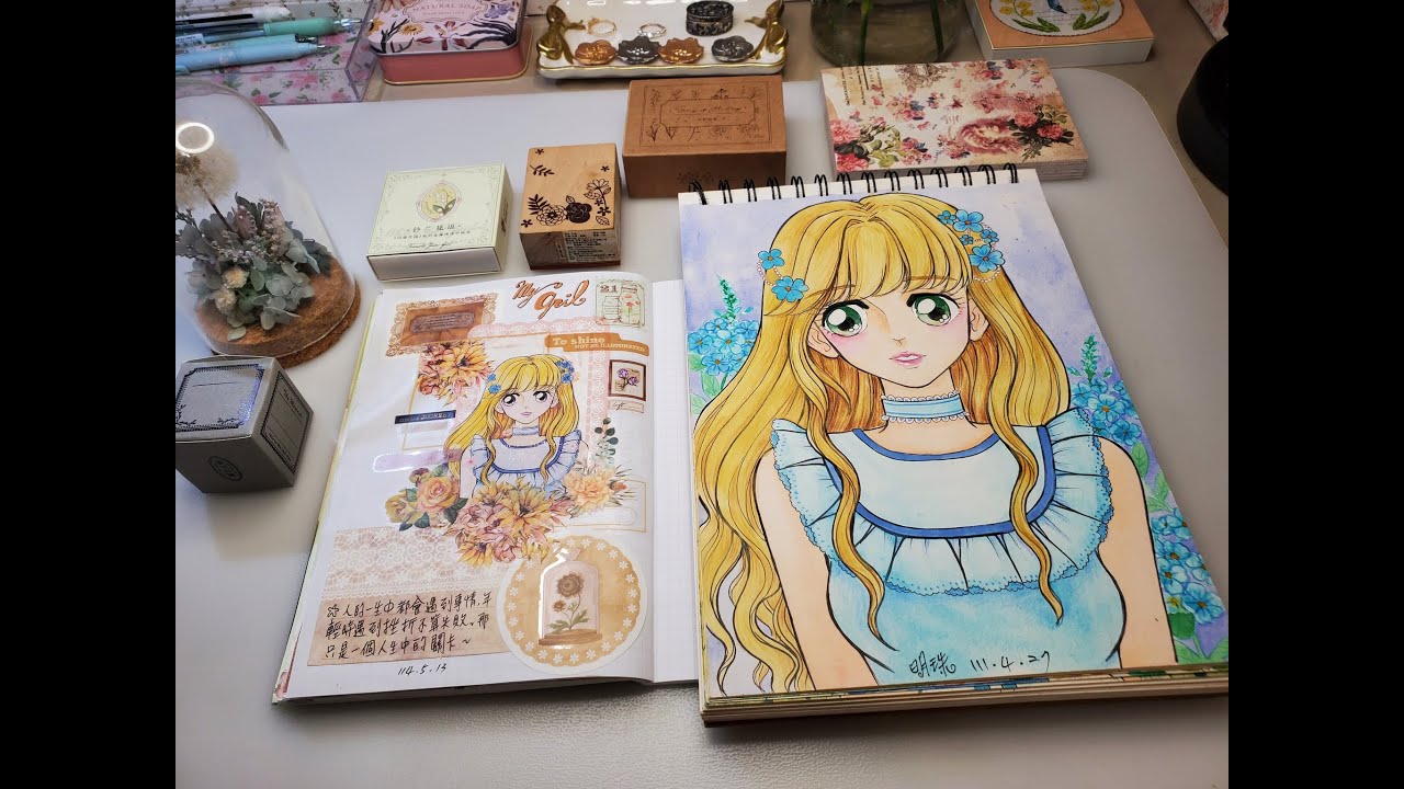 我畫的插畫女孩加上多層次拼貼👸手寫文字標題🍀美麗的蕾絲花邊底紙素材運用💗