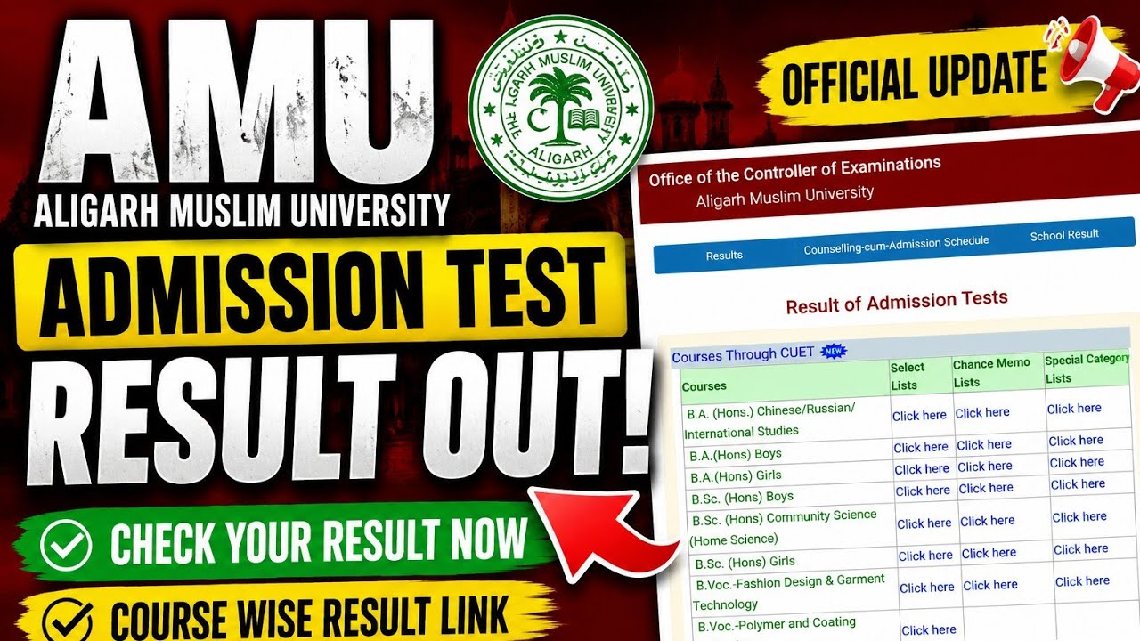 AMU CUET Admission Test Result 2026 OUT | Course-wise Select List, Waiting List✅AMU CUET UG Admis...