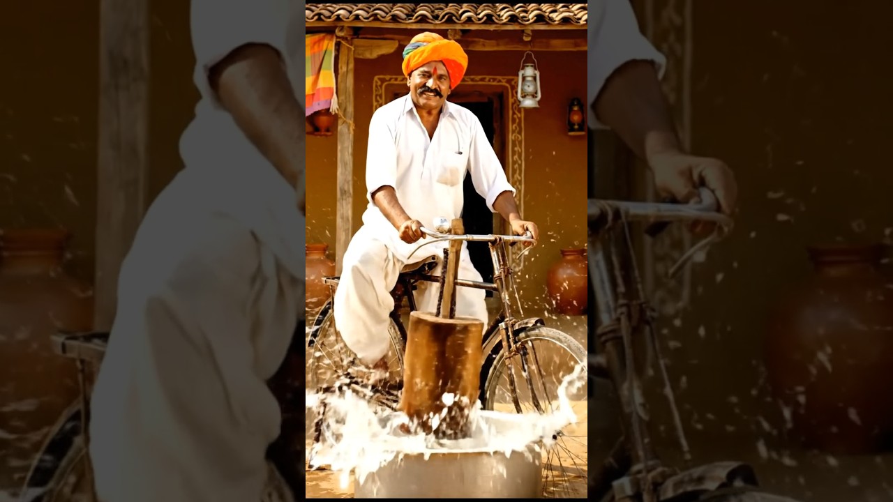 Desi jugaad with bicycle pedals to turn buttermilk #ai #villagelife #shorts #desi #aivideo #cycle