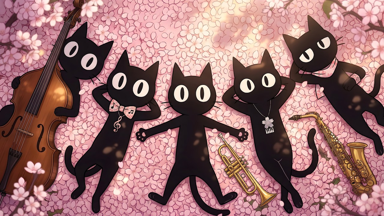 Cozy Spring jazz Music 🌸 Relax & Work comfortably with Cats under cherry blossoms
