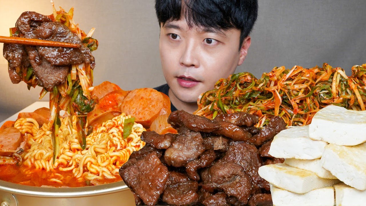 아내표 집밥🍚 부대찌개 돼지갈비 들기름 두부구이 파채무침 요리 먹방 Spicy Sausage Stew & Galbi ASMR MUKBANG EATING SHOW