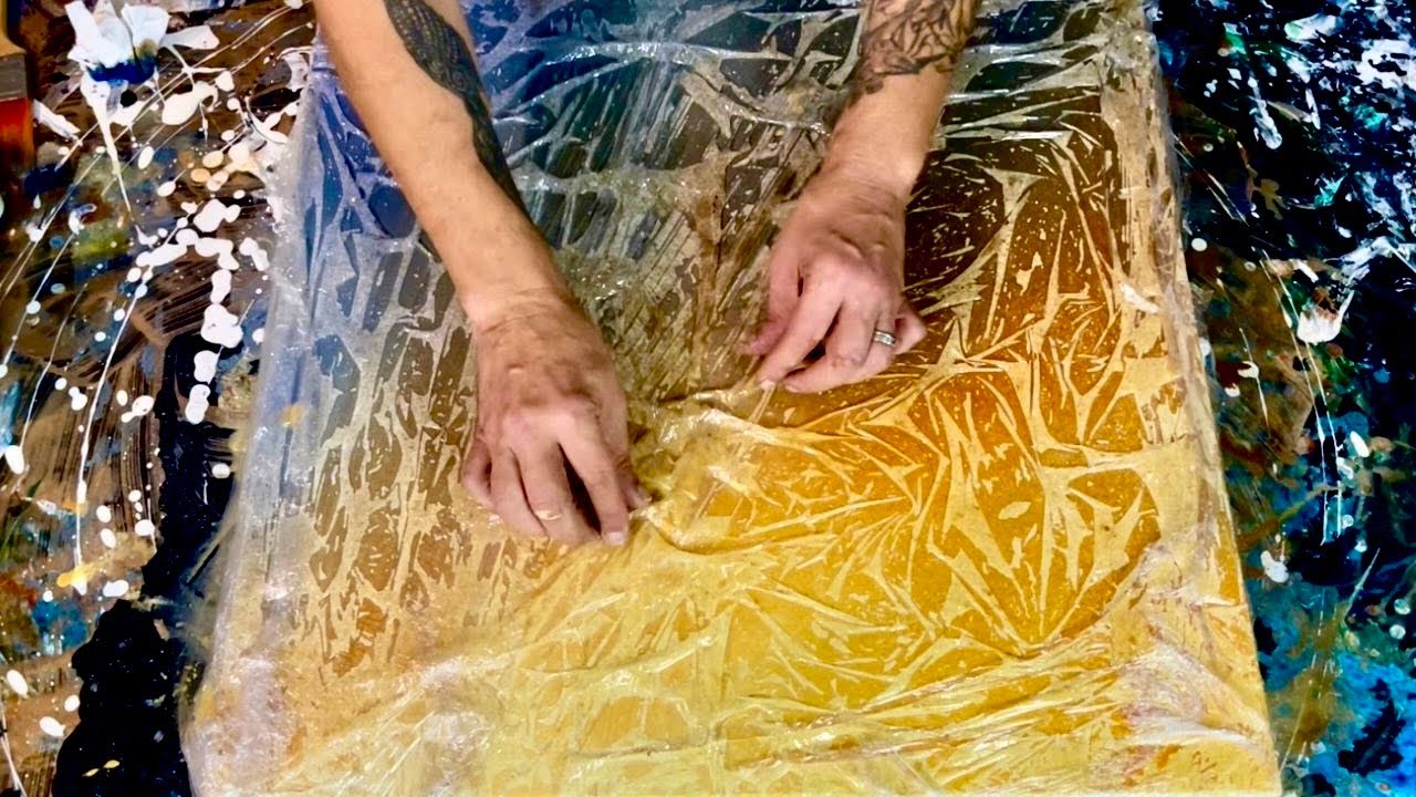 Watch this fluid acrylic painting TRANSFORM with plastic wrap!  AMAZING faux texture!