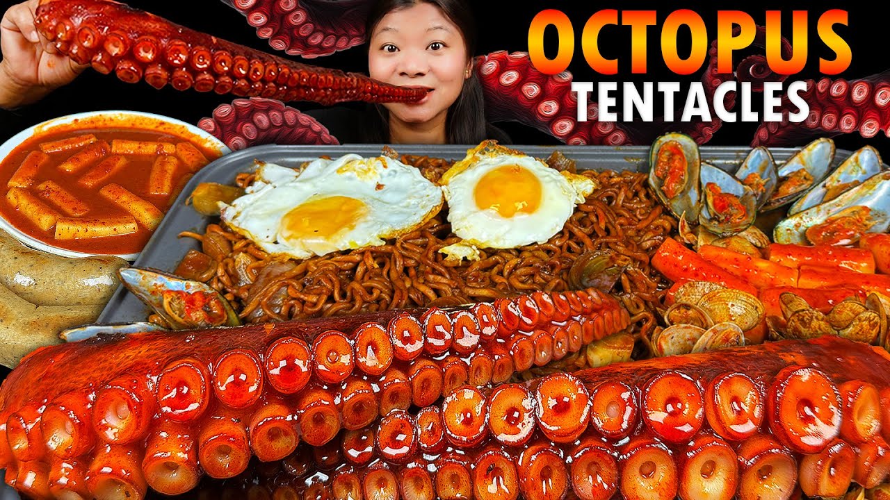 EXTREMELY Spicy Giant Octopus Tentacles & Clams Mukbang 🍜🔥 | Spicy Chapagetti Noodle Nepali Mukbang