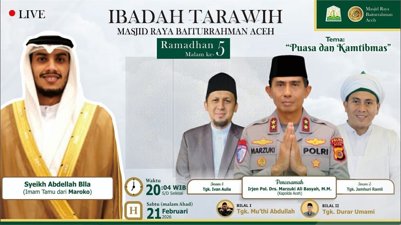 Live Ibadah Tarawih | Masjid Raya Baiturrahman Aceh | Irjen Pol Drs. Marzuki Ali Basyah, M.M.