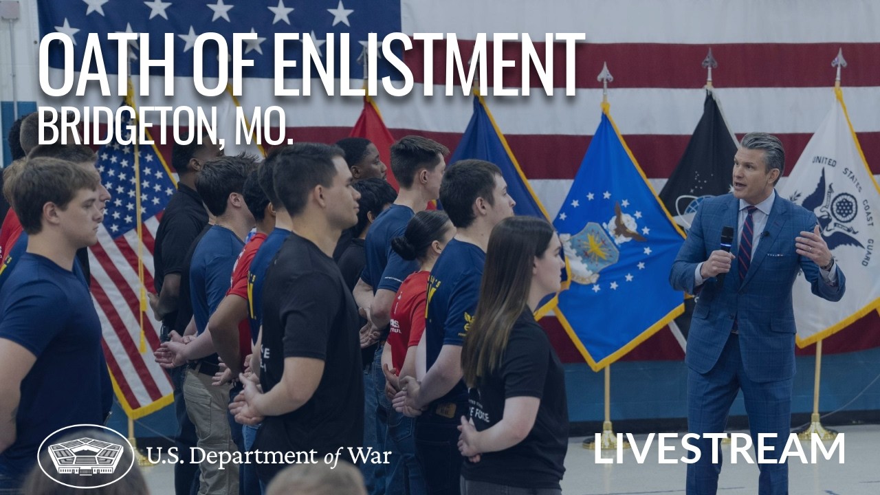 LIVE: Sec War administers the oath of enlistment to recruits in Bridgeton, Mo.