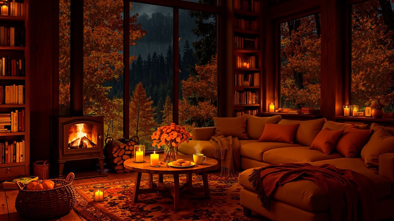 Slow Jazz Music in Cozy Autumn Cabin Ambience 🍂 Fireplace Sounds & Night Rain to Study, Sleep, Relax
