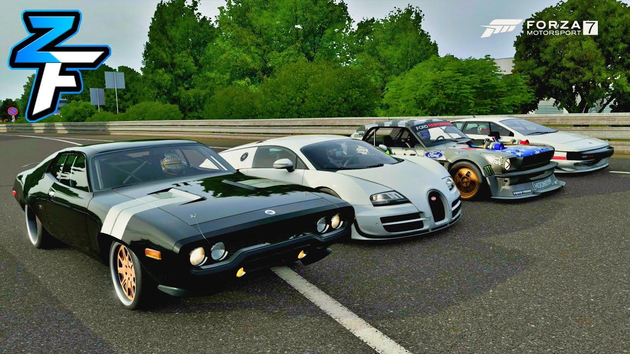 F&F Bugatti Veyron SS vs F&F Plymouth GTX vs Hoonicorn vs Lotus Esprit V8(tuned) Drag Race | Forza 7