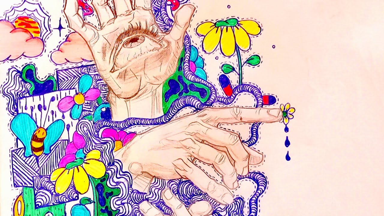 Surreal Hand Drawing with Eye and Flowers 🍄🌻🐝