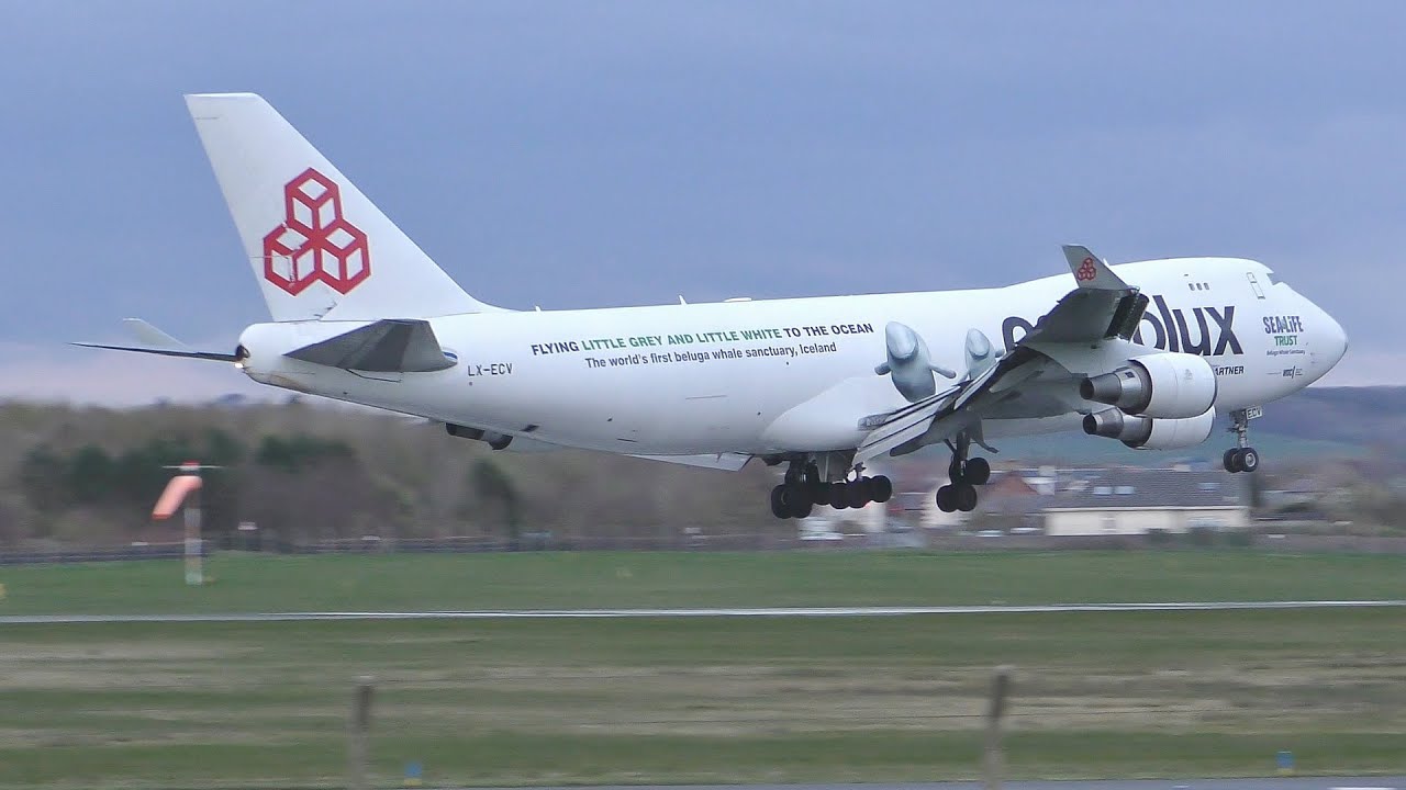 [4K] Cargolux Boeing 747-400 Beluga Whale Livery Evening Landing at Prestwick Airport
