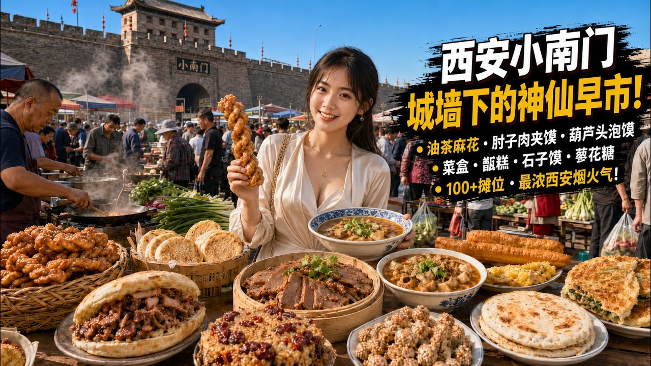 西安小南门早市 高耸的古老城墙下充满人间烟火气的热闹早市 这里既有西安特色美食 又有居民所需的日常食材 油茶麻花 肘子肉夹馍 笼笼肉夹馍 梆梆肉 葫芦头泡馍 油条灌鸡蛋 菜盒 甑糕 石子馍 蓼花糖