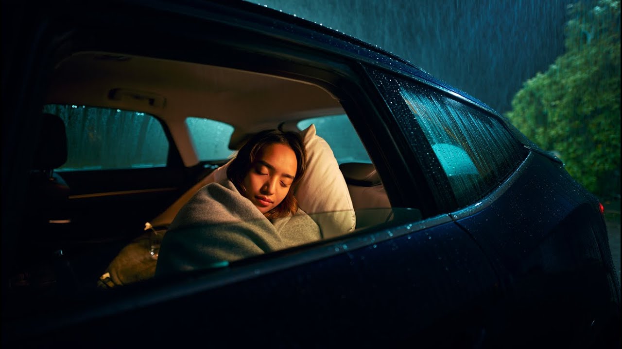 Sleeping in a Cozy Car During Heavy Night Rain - light Rain on a Car Roof While the World Sleeps