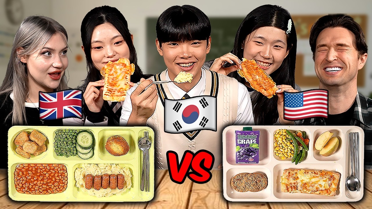 Korean Highschooler Try UK & USA School Lunch For The First Time!! Which One Is Better?