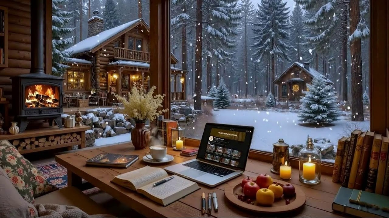 Snowy Evening Winter Café ❄️ Relaxing Piano Jazz & Fireplace Sounds For Focus & Peaceful Work