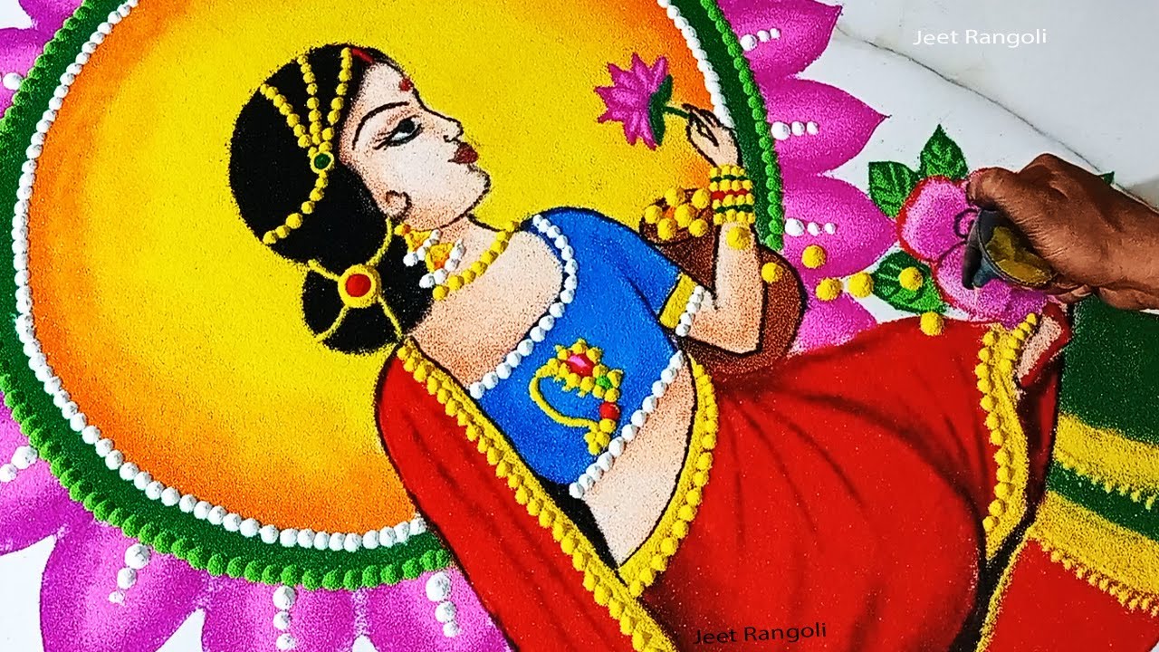 Big and beautiful rangoli for Diwali . Big diwali rangoli. sitting ladies rangoli