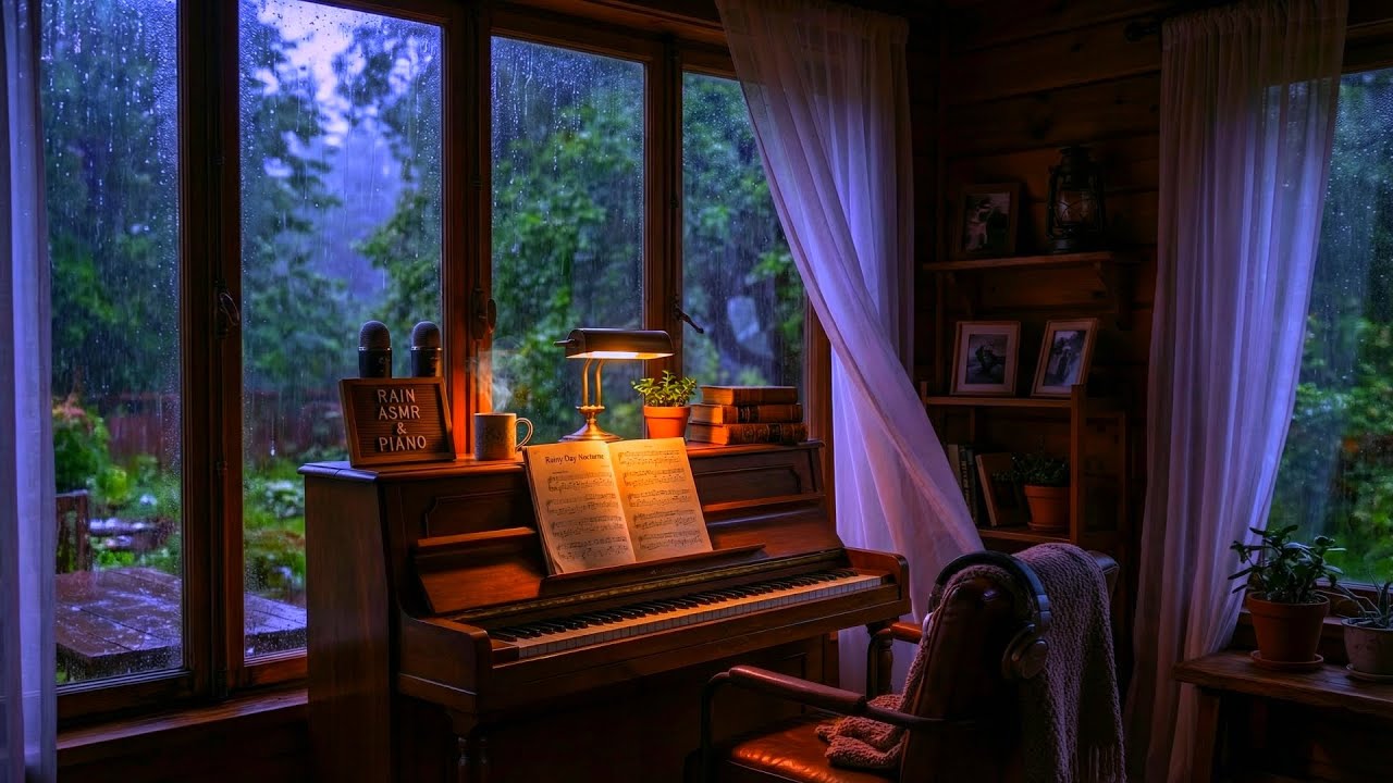 Cognitive Calm: Piano-Infused Afternoon Rain on an Urban Terrace Retreat