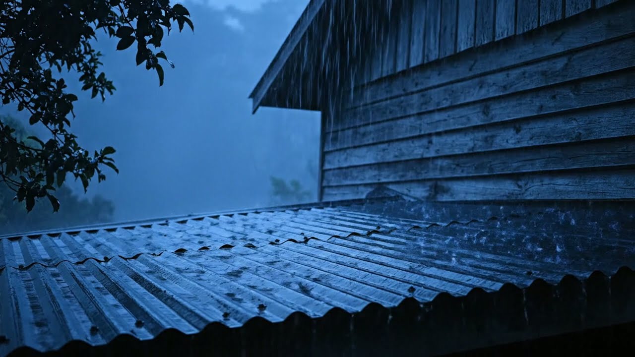 Dispel Your Worries with The Rolling Rain & thunder Pounding on Thin Tin Roof in RainForest at night